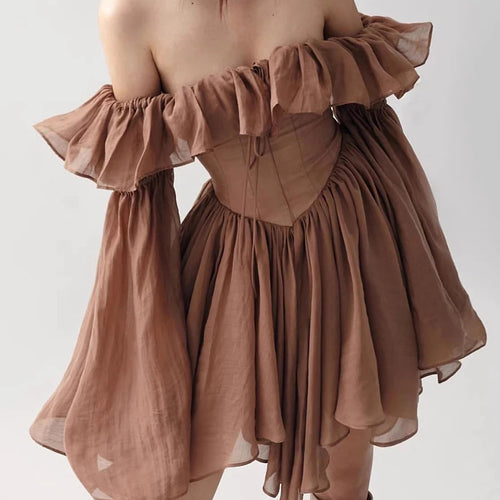 Slimming Spliced Ruffles Folds Fashion Dresses for Women Slash Neck Long Sleeves Patchwork Lace Up Dress Female New